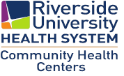 Logo of Riverside University Health System Community Health Centers, featuring colorful geometric shapes and text.